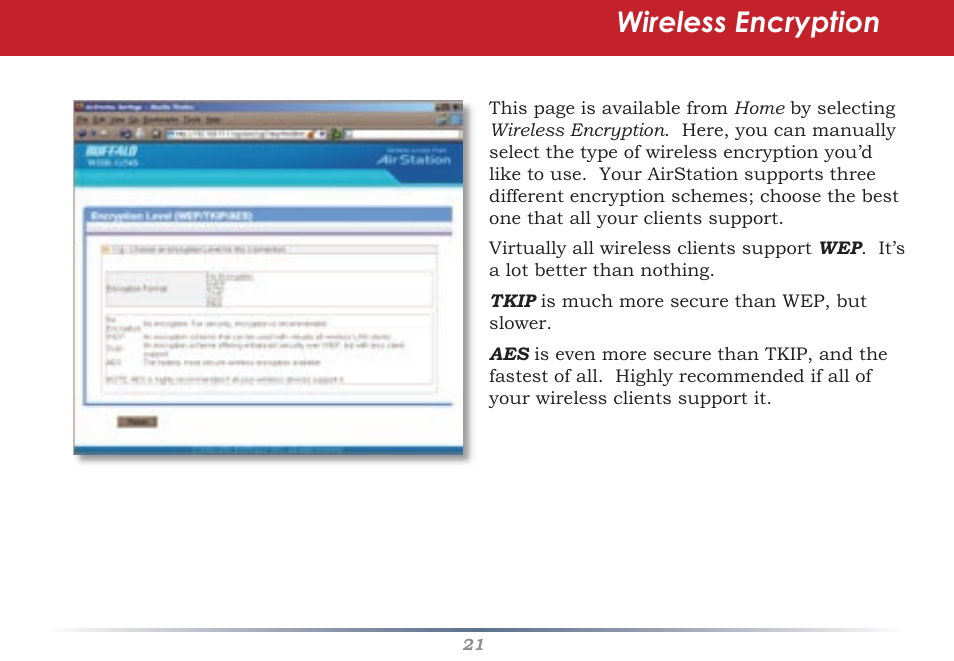 Wireless encryption | Buffalo Technology Buffalo AirStation WHR-G54S User Manual | Page 21 / 93
