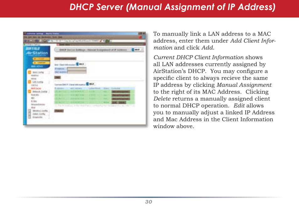 Dhcp server (manual assignment of ip address) | Buffalo Technology Buffalo AirStation WHR-G54S User Manual | Page 30 / 93