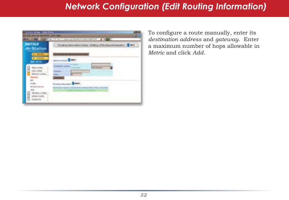 Network configuration (edit routing information) | Buffalo Technology Buffalo AirStation WHR-G54S User Manual | Page 32 / 93
