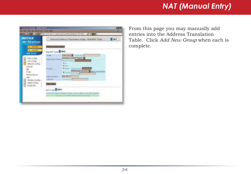 Nat (manual entry) | Buffalo Technology Buffalo AirStation WHR-G54S User Manual | Page 34 / 93