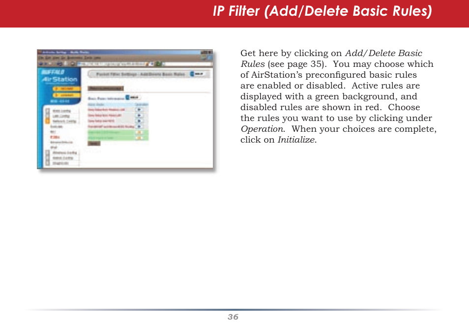 Ip filter (add/delete basic rules) | Buffalo Technology Buffalo AirStation WHR-G54S User Manual | Page 36 / 93