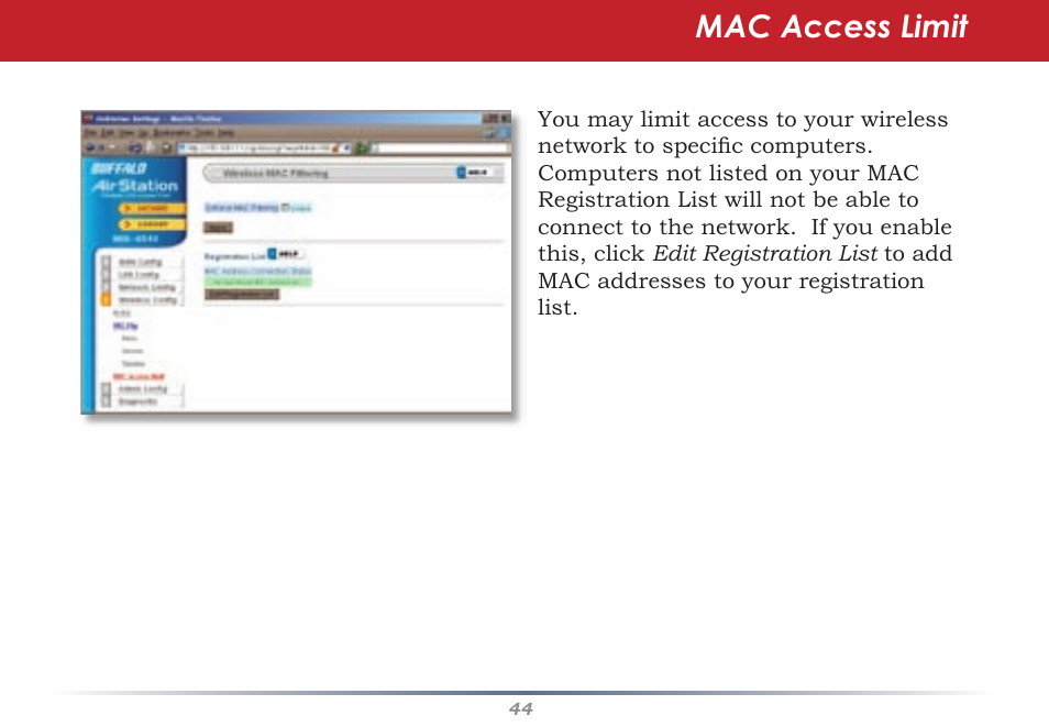Mac access limit | Buffalo Technology Buffalo AirStation WHR-G54S User Manual | Page 44 / 93
