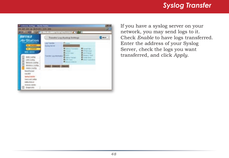 Syslog transfer | Buffalo Technology Buffalo AirStation WHR-G54S User Manual | Page 48 / 93