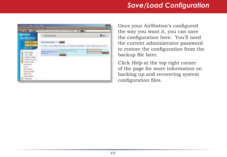 Save/load configuration | Buffalo Technology Buffalo AirStation WHR-G54S User Manual | Page 49 / 93