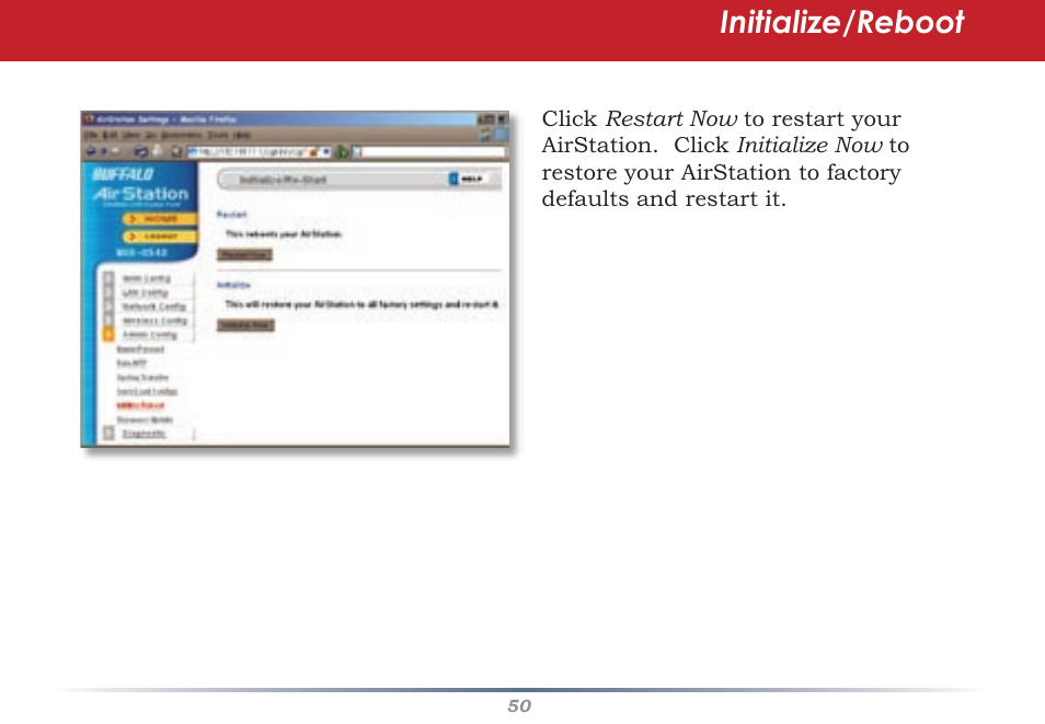 Initialize/reboot | Buffalo Technology Buffalo AirStation WHR-G54S User Manual | Page 50 / 93