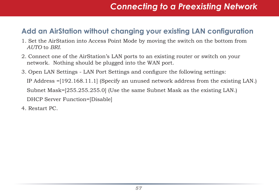Connecting to a preexisting network | Buffalo Technology Buffalo AirStation WHR-G54S User Manual | Page 57 / 93