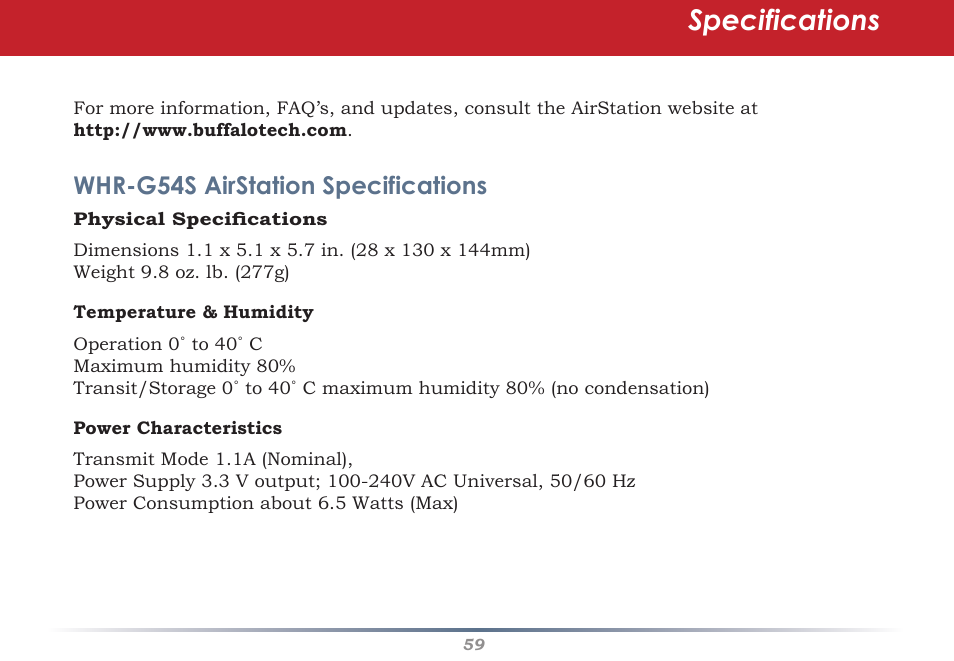 Specifications, Whr-g54s airstation specifications | Buffalo Technology Buffalo AirStation WHR-G54S User Manual | Page 59 / 93