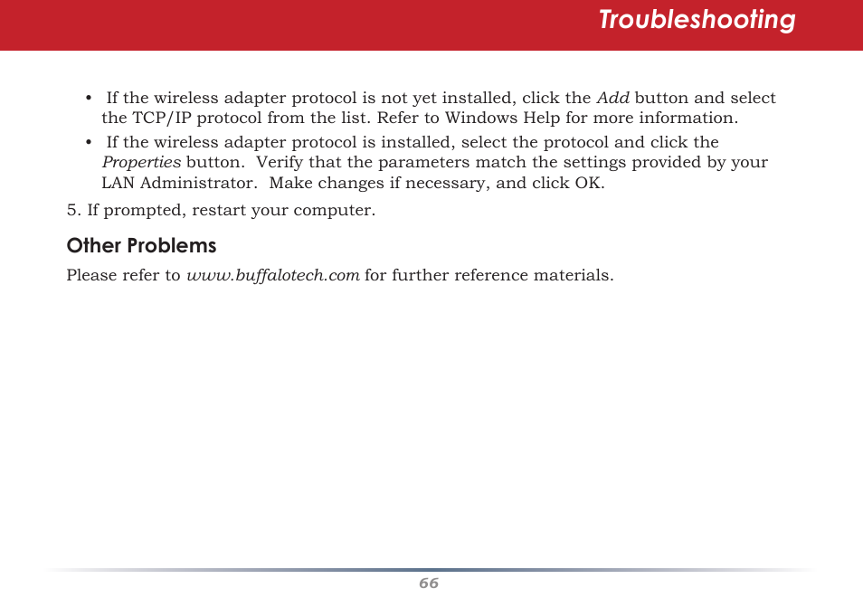 Troubleshooting | Buffalo Technology Buffalo AirStation WHR-G54S User Manual | Page 66 / 93