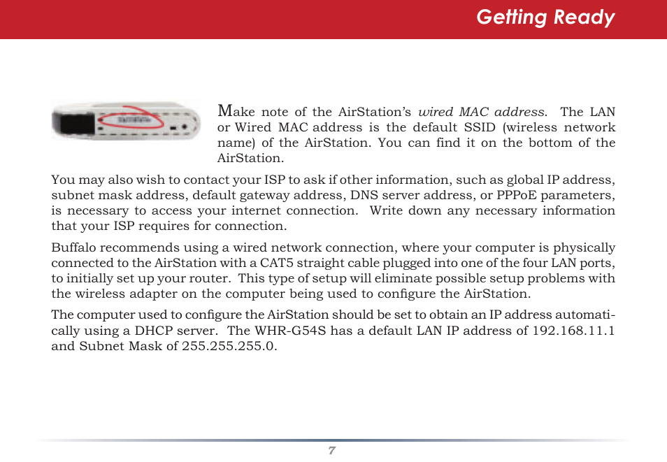 Getting ready | Buffalo Technology Buffalo AirStation WHR-G54S User Manual | Page 7 / 93