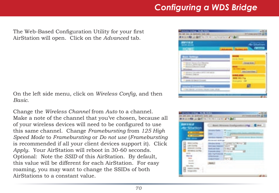 Configuring a wds bridge | Buffalo Technology Buffalo AirStation WHR-G54S User Manual | Page 70 / 93