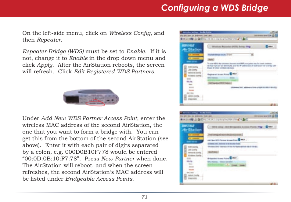 Configuring a wds bridge | Buffalo Technology Buffalo AirStation WHR-G54S User Manual | Page 71 / 93