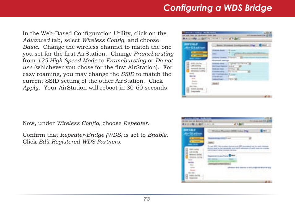 Configuring a wds bridge | Buffalo Technology Buffalo AirStation WHR-G54S User Manual | Page 73 / 93