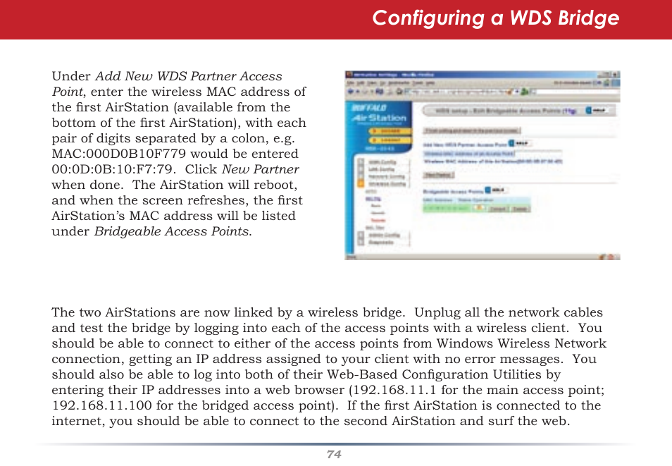 Configuring a wds bridge | Buffalo Technology Buffalo AirStation WHR-G54S User Manual | Page 74 / 93