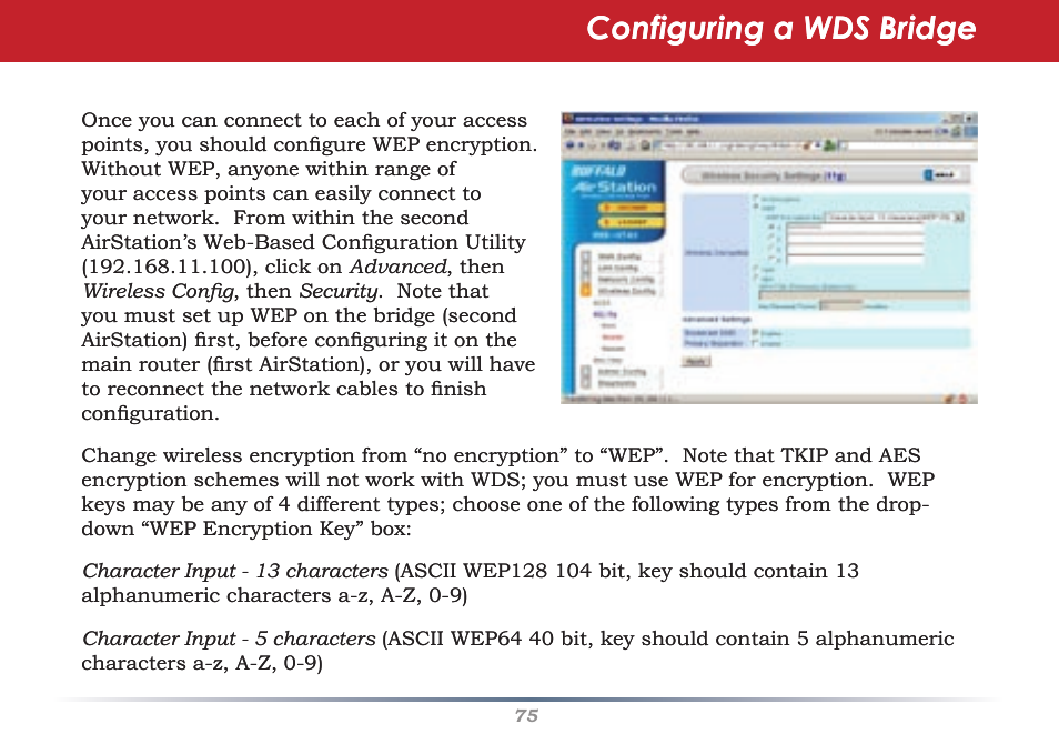 Configuring a wds bridge | Buffalo Technology Buffalo AirStation WHR-G54S User Manual | Page 75 / 93