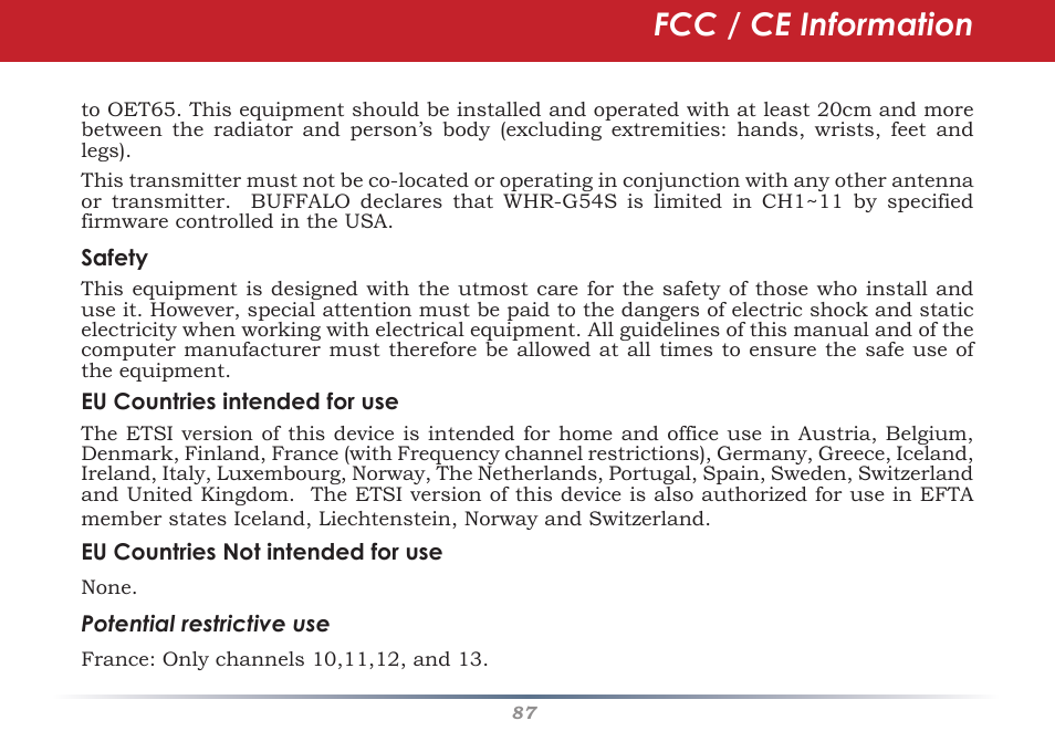 Fcc / ce information | Buffalo Technology Buffalo AirStation WHR-G54S User Manual | Page 87 / 93