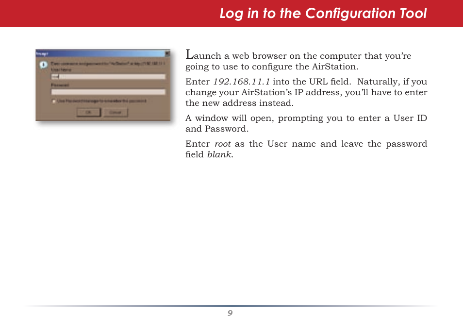 Log in to the configuration tool | Buffalo Technology Buffalo AirStation WHR-G54S User Manual | Page 9 / 93