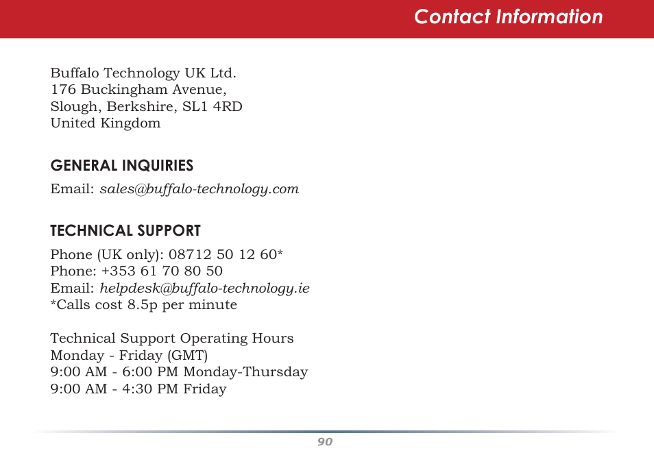 Contact information | Buffalo Technology Buffalo AirStation WHR-G54S User Manual | Page 90 / 93