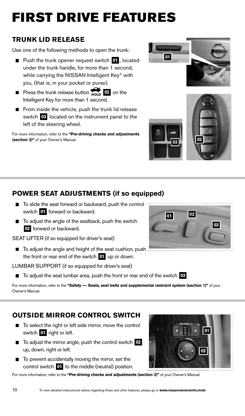 First drive features, Trunk lid release, Power seat adjustments (if so equipped) | Outside mirror control switch | NISSAN 2014 Altima Sedan - Quick Reference Guide User Manual | Page 12 / 28