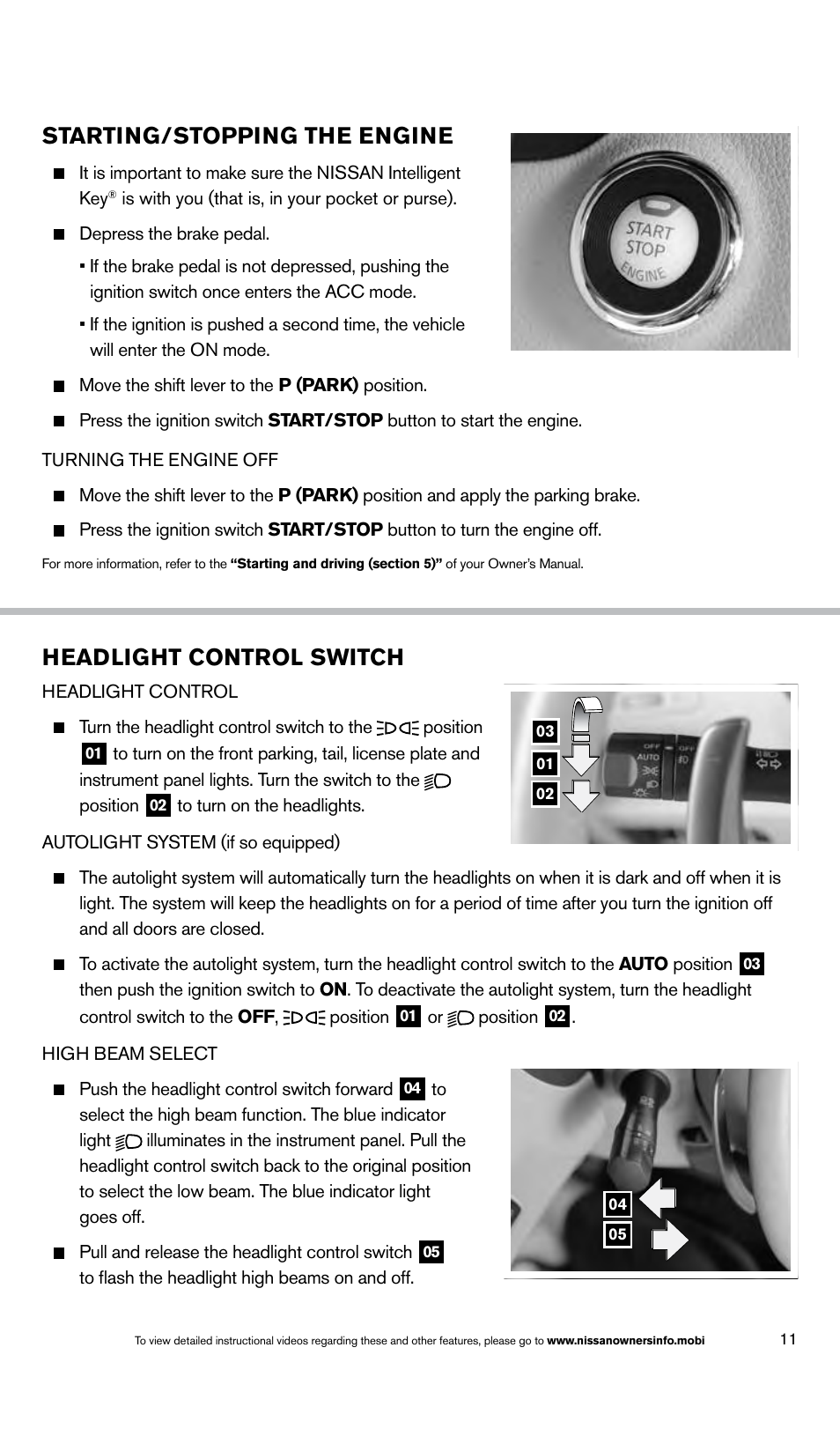 Headlight control switch, Starting/stopping the engine | NISSAN 2014 Altima Sedan - Quick Reference Guide User Manual | Page 13 / 28