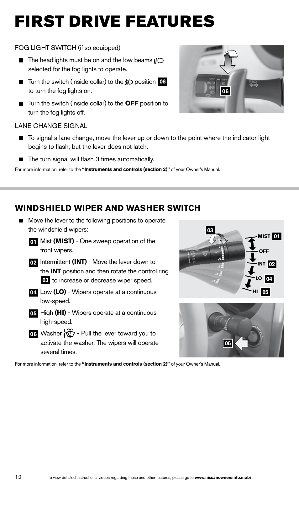 First drive features, Windshield wiper and washer switch | NISSAN 2014 Altima Sedan - Quick Reference Guide User Manual | Page 14 / 28