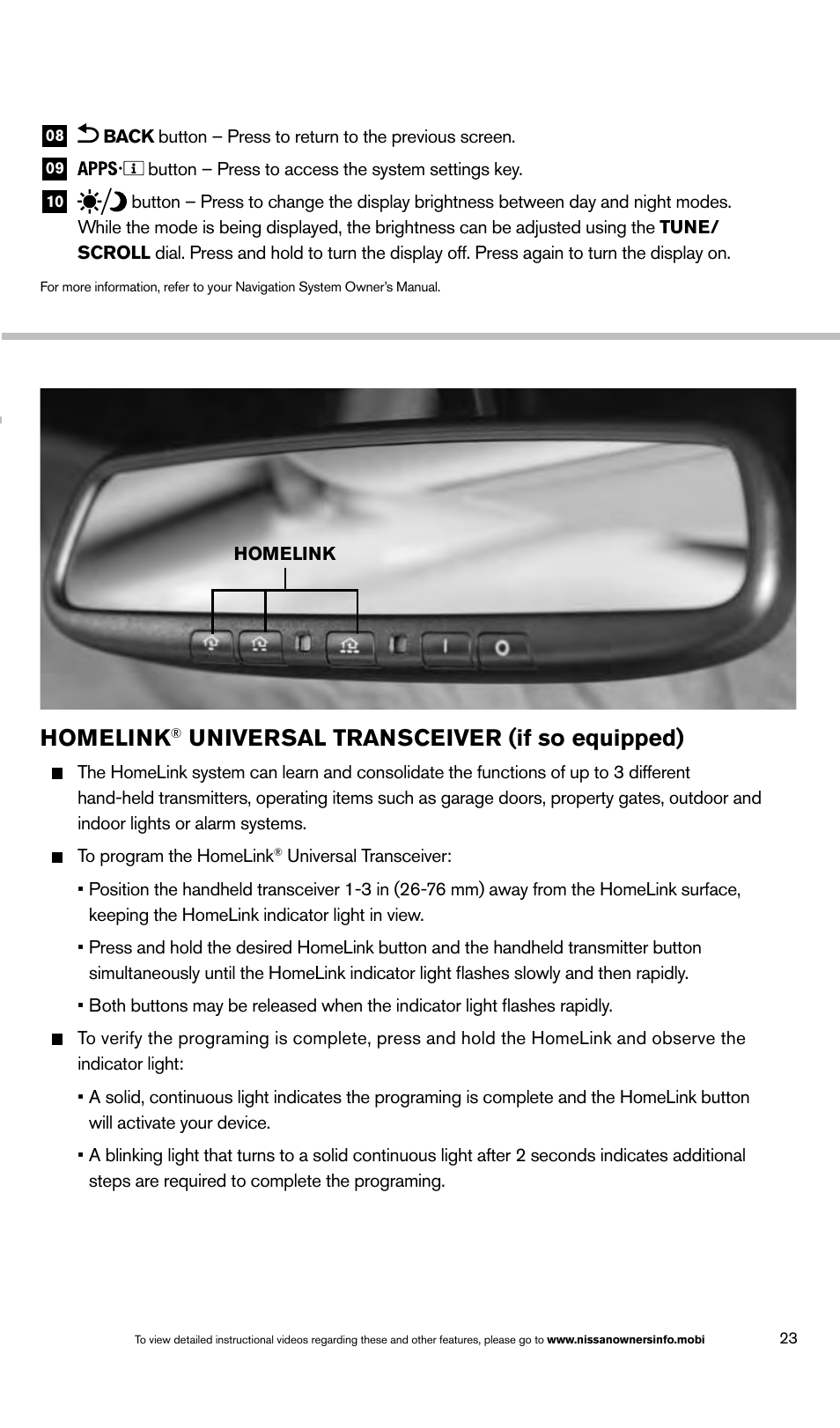Homelink, Universal transceiver (if so equipped) | NISSAN 2014 Altima Sedan - Quick Reference Guide User Manual | Page 25 / 28