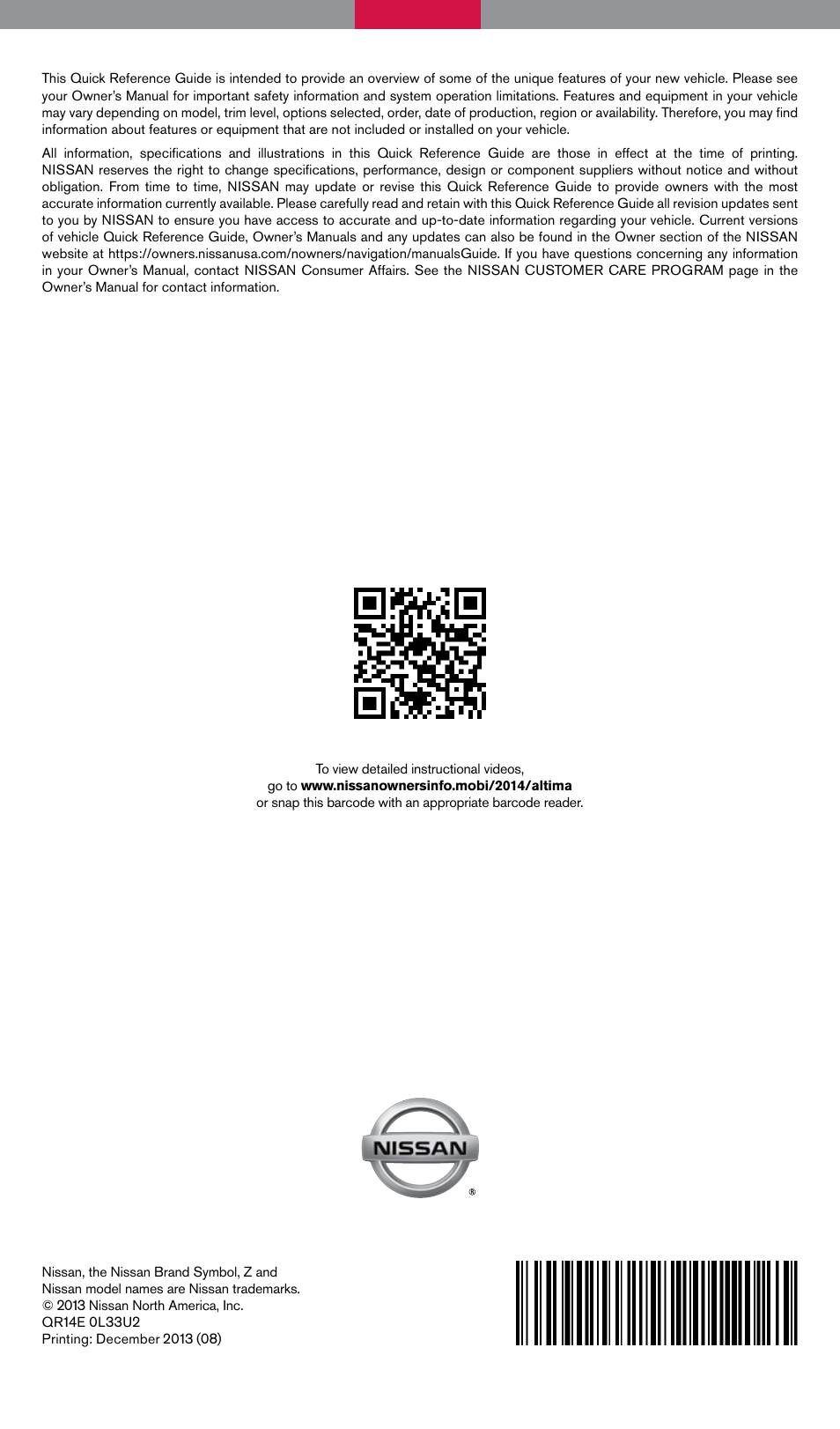 NISSAN 2014 Altima Sedan - Quick Reference Guide User Manual | Page 28 / 28