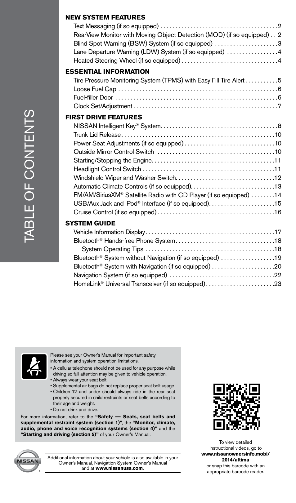NISSAN 2014 Altima Sedan - Quick Reference Guide User Manual | Page 3 / 28