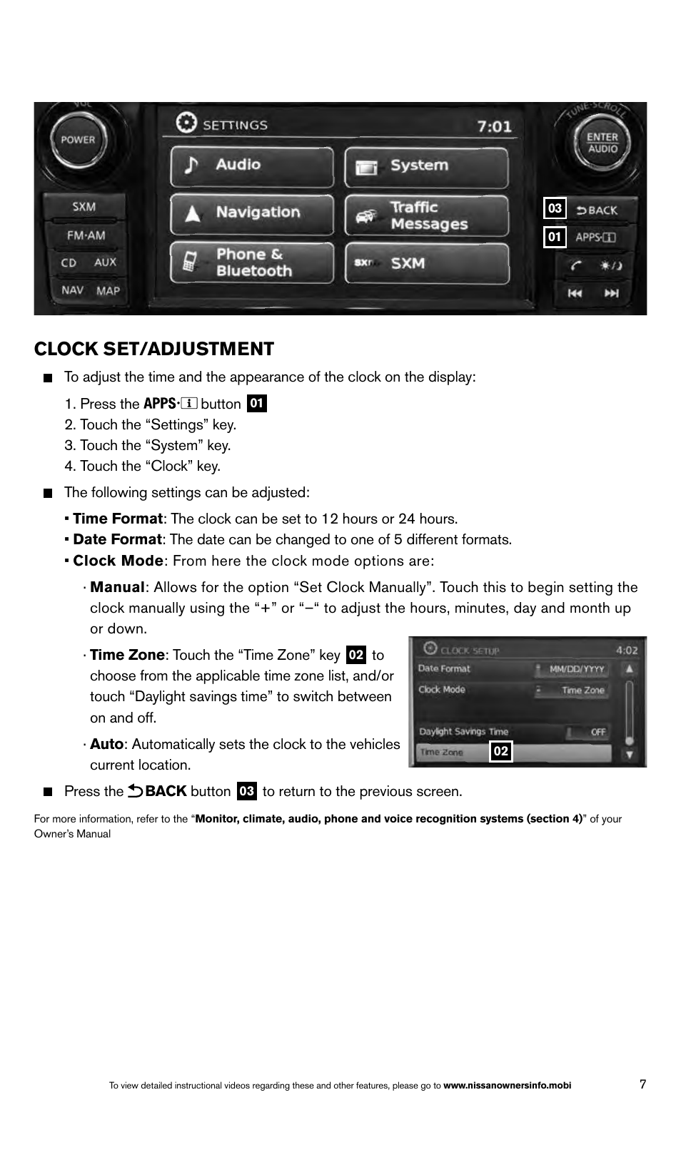 Clock set/adjustment | NISSAN 2014 Altima Sedan - Quick Reference Guide User Manual | Page 9 / 28
