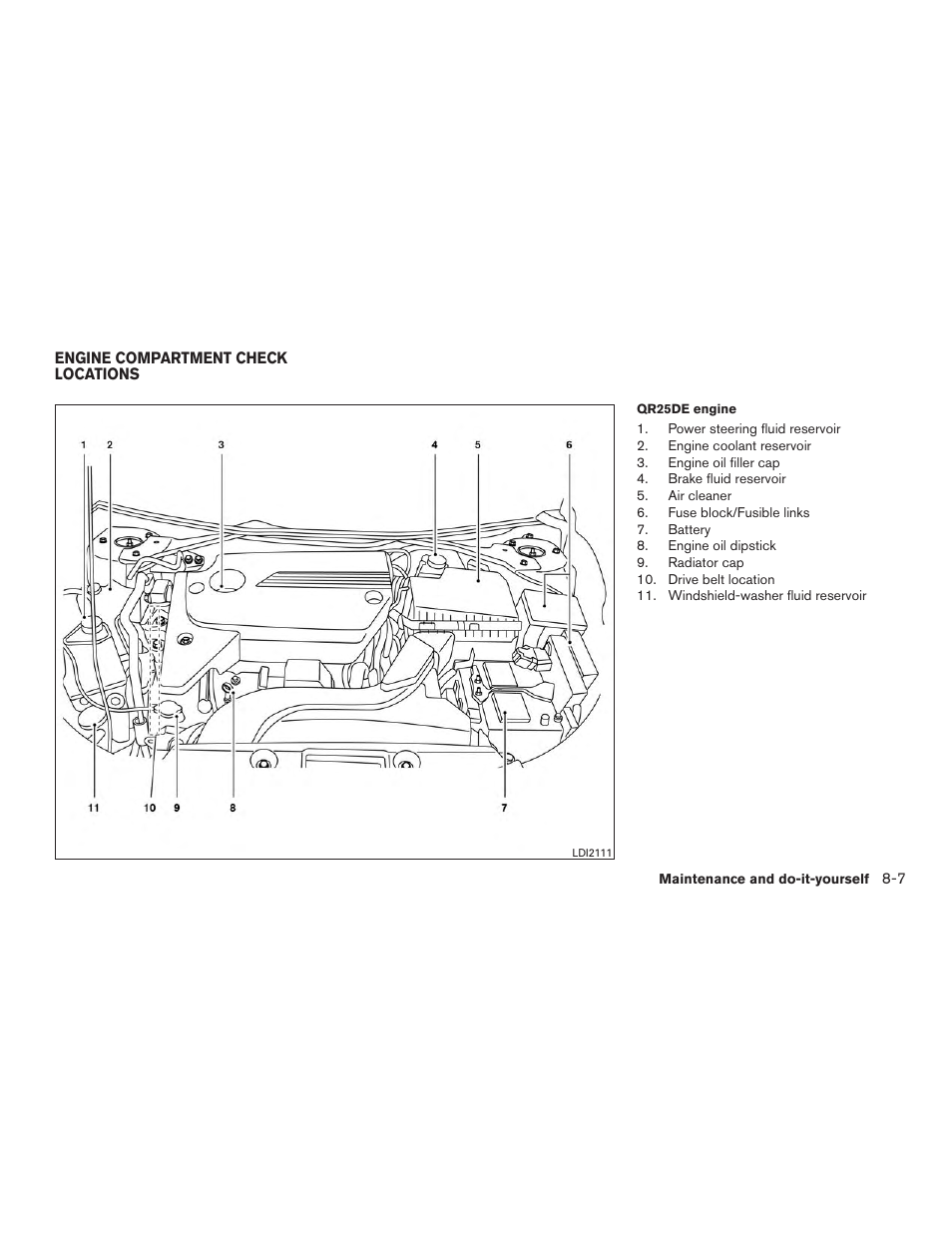 Engine compartment check locations -7 | NISSAN 2015 Altima Sedan - Owner's Manual User Manual | Page 366 / 438