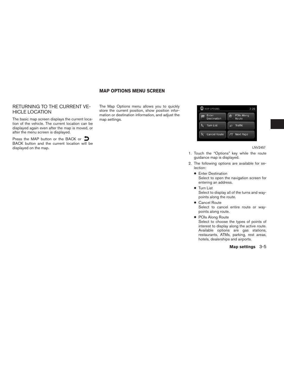Returning to the current vehicle location -5, Map options menu screen -5 | NISSAN 2015 Xterra - Navigation System Owner's Manual User Manual | Page 23 / 81