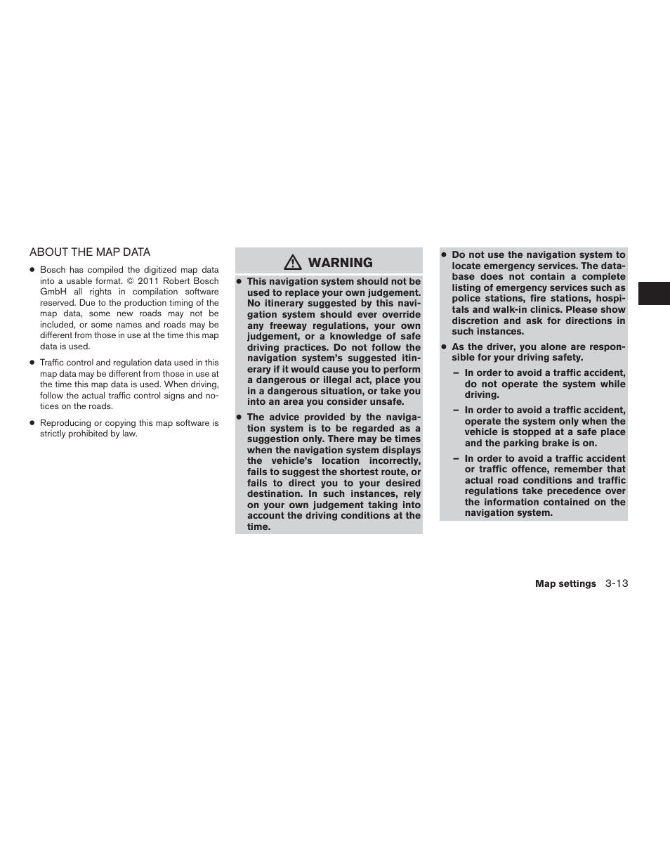 About the map data -13, Warning | NISSAN 2015 Xterra - Navigation System Owner's Manual User Manual | Page 31 / 81
