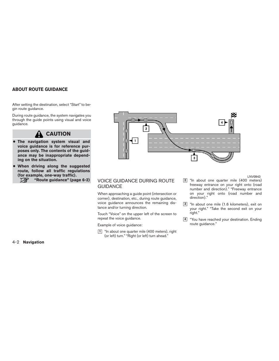 About route guidance -2, Voice guidance during route guidance -2, Caution | NISSAN 2015 Xterra - Navigation System Owner's Manual User Manual | Page 36 / 81