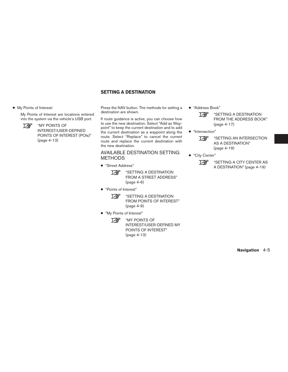 Setting a destination -5, Available destination setting methods -5 | NISSAN 2015 Xterra - Navigation System Owner's Manual User Manual | Page 39 / 81