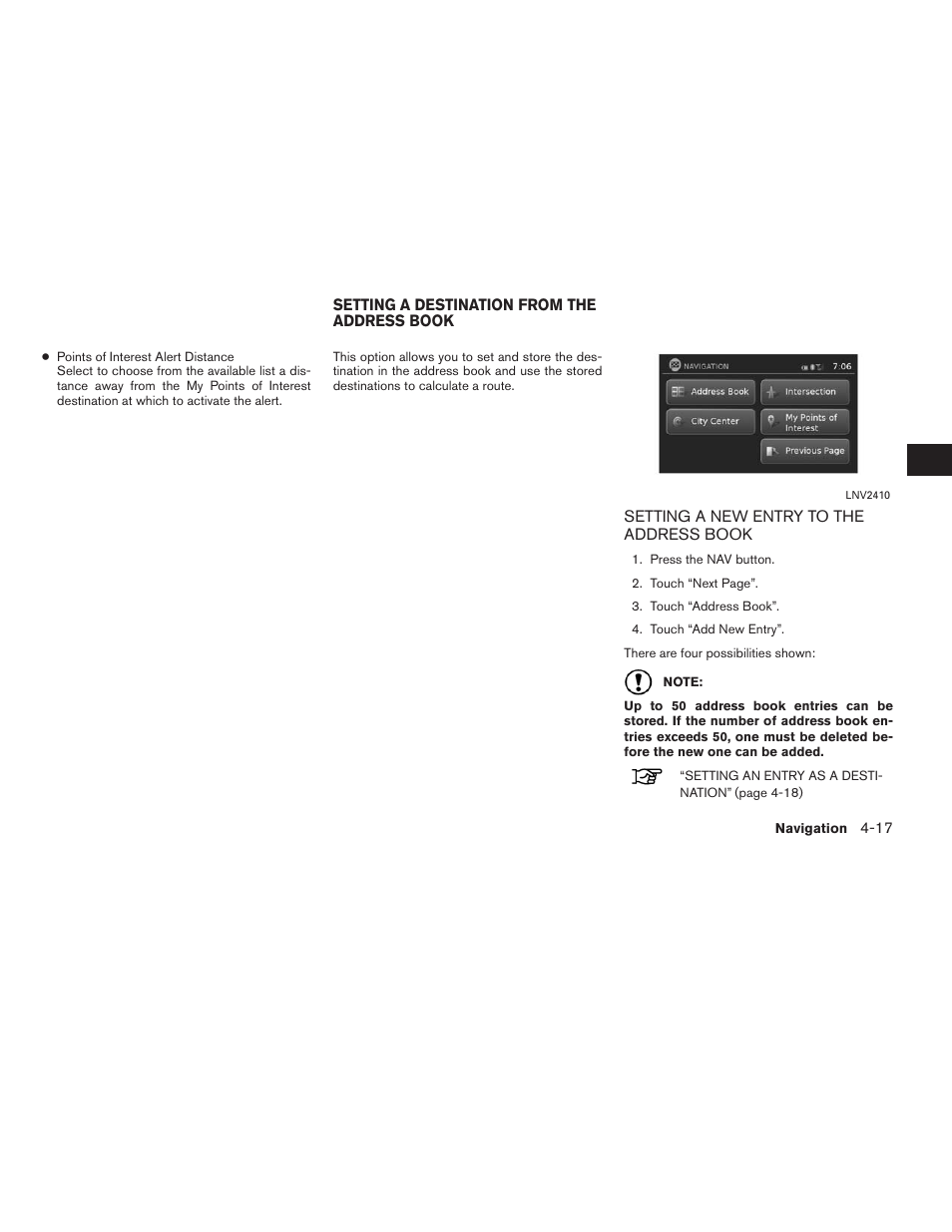Setting a destination from the address book -17, Setting a new entry to the address book -17 | NISSAN 2015 Xterra - Navigation System Owner's Manual User Manual | Page 51 / 81