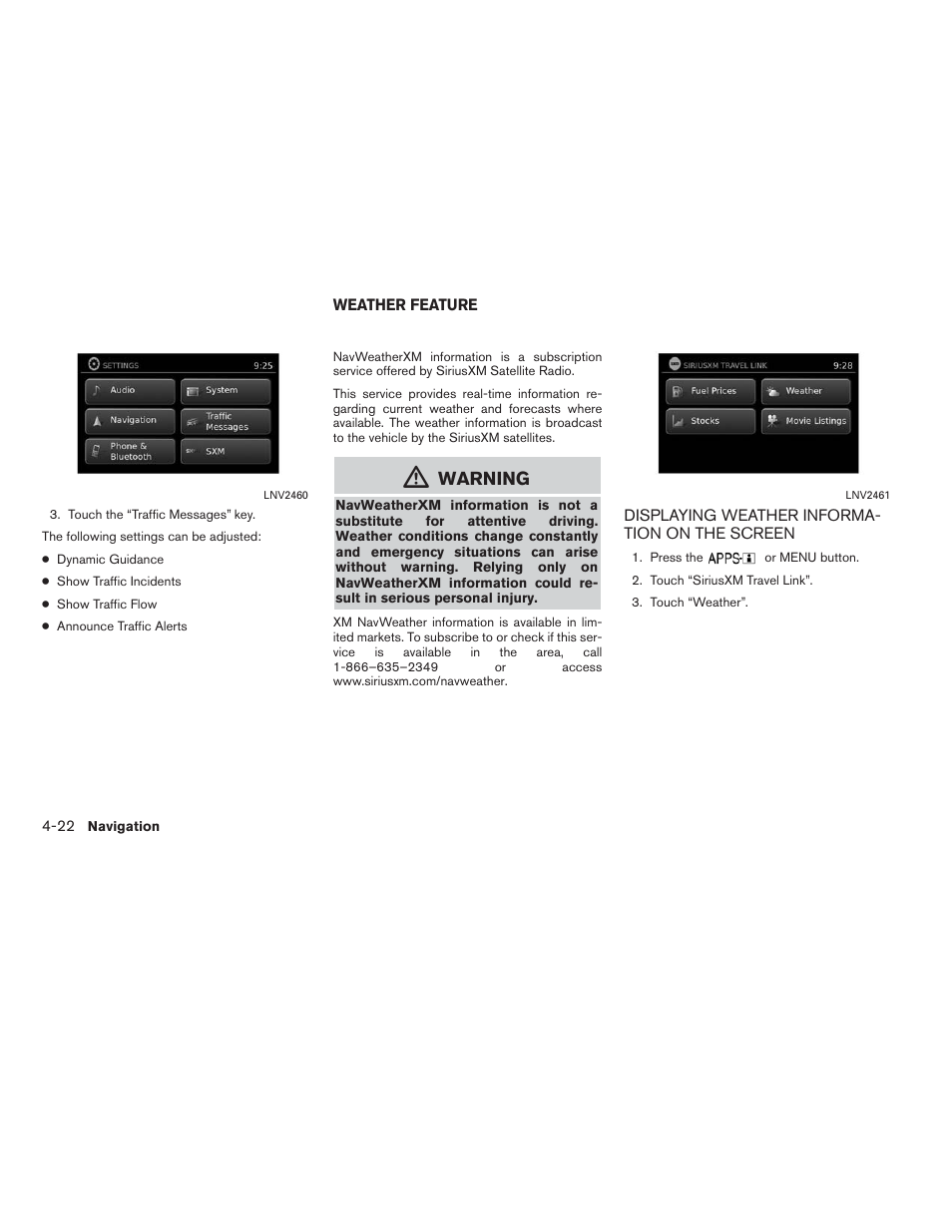 Weather feature -22, Displaying weather information on the screen -22, Warning | NISSAN 2015 Xterra - Navigation System Owner's Manual User Manual | Page 56 / 81