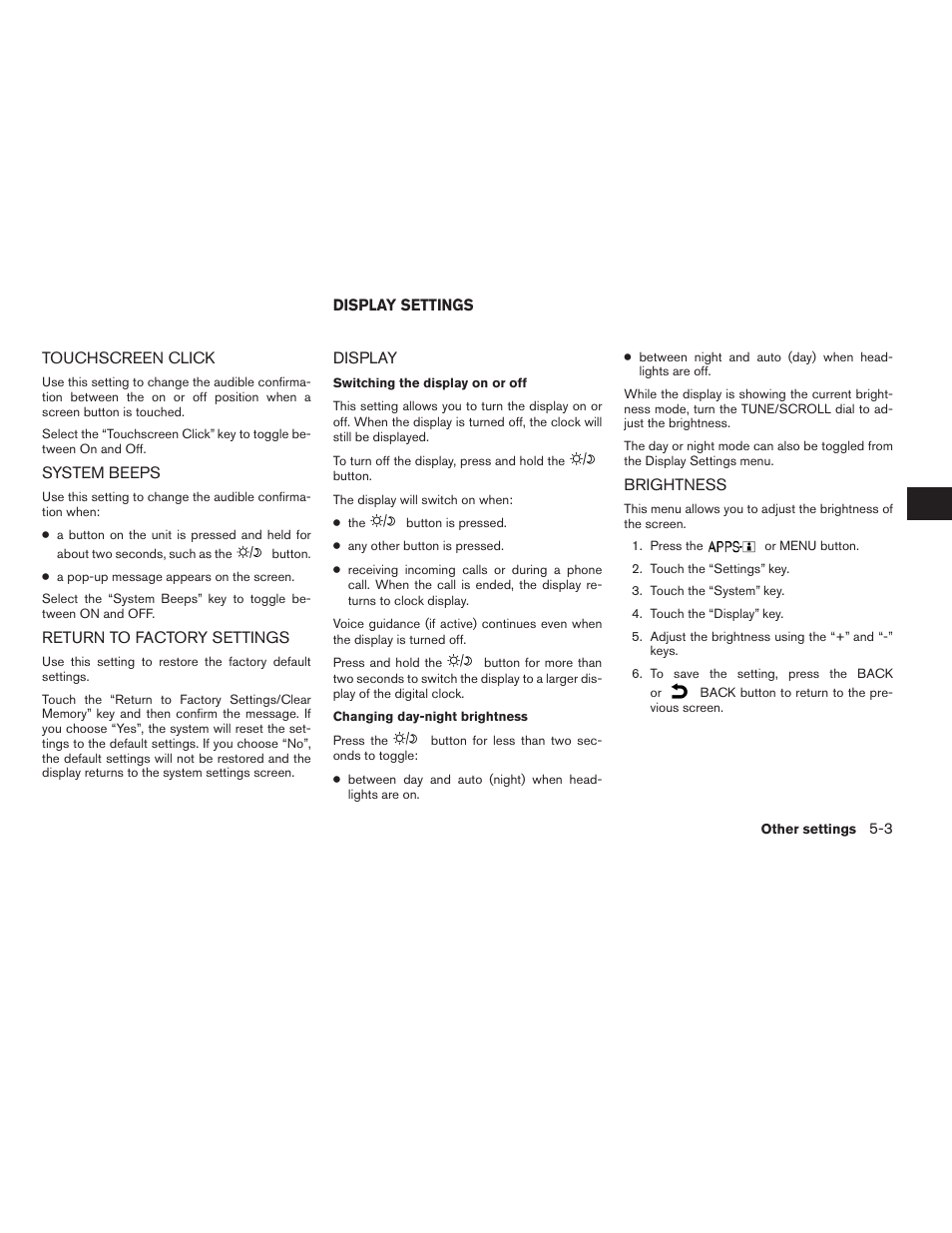 Display settings -3, Display -3, Brightness -3 | NISSAN 2015 Xterra - Navigation System Owner's Manual User Manual | Page 61 / 81