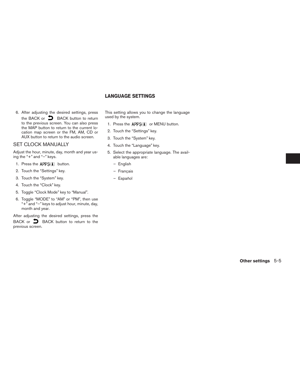 Set clock manually -5, Language settings -5 | NISSAN 2015 Xterra - Navigation System Owner's Manual User Manual | Page 63 / 81