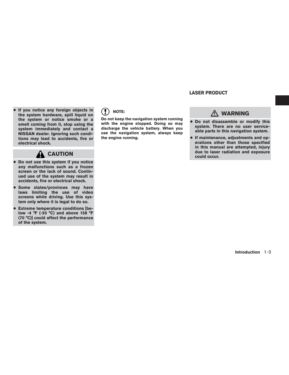 Laser product -3, Caution, Warning | NISSAN 2015 Xterra - Navigation System Owner's Manual User Manual | Page 7 / 81