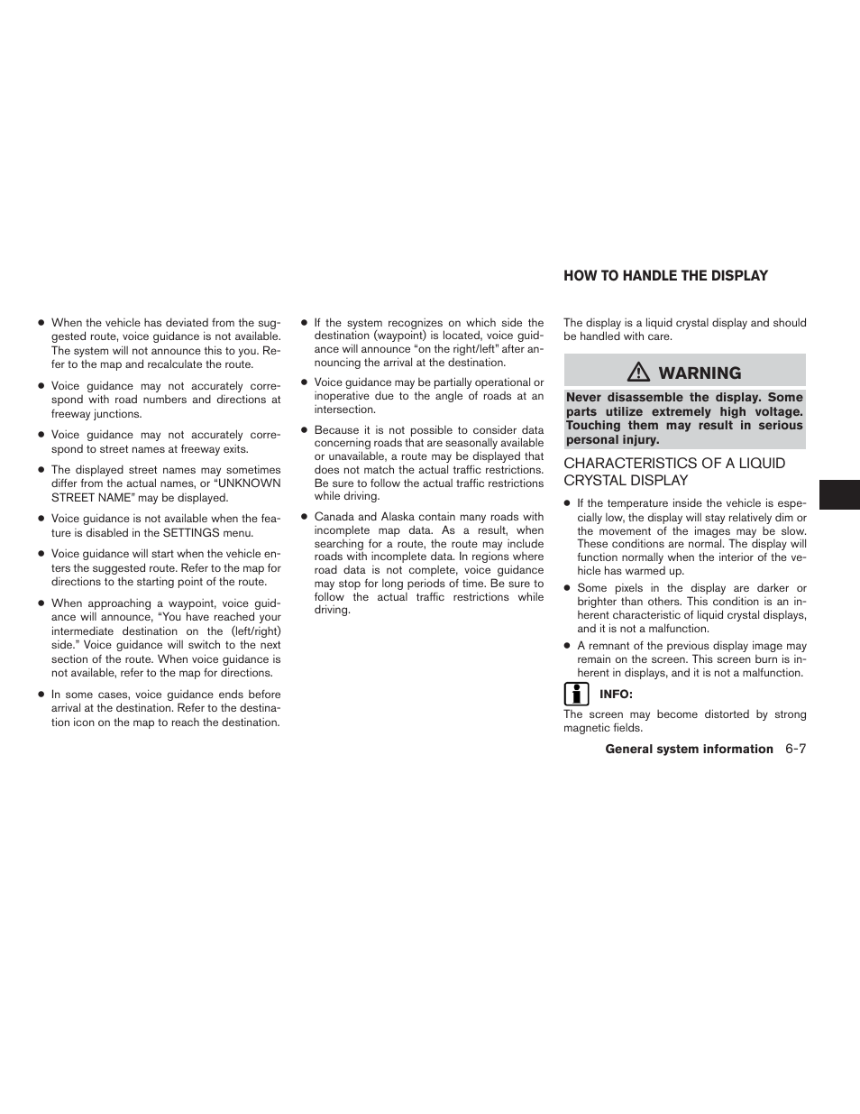 How to handle the display -7, Characteristics of a liquid crystal display -7, Warning | NISSAN 2015 Xterra - Navigation System Owner's Manual User Manual | Page 71 / 81
