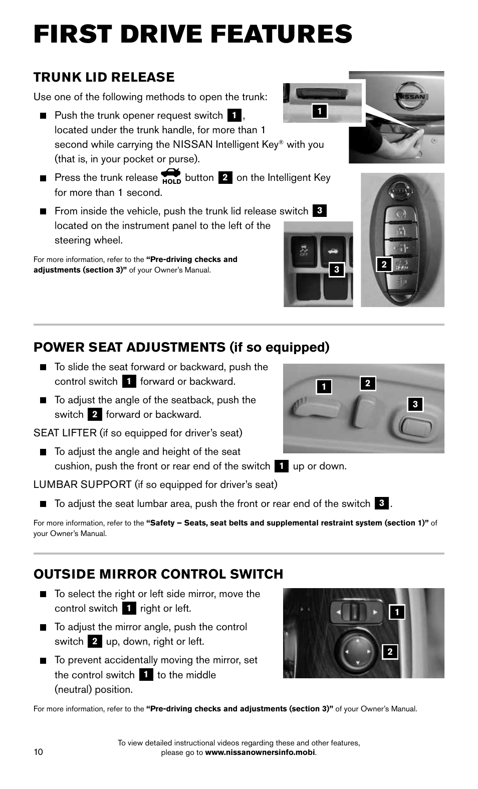 First drive features, Trunk lid release, Power seat adjustments (if so equipped) | Outside mirror control switch | NISSAN 2015 Altima Sedan - Quick Reference Guide User Manual | Page 12 / 28