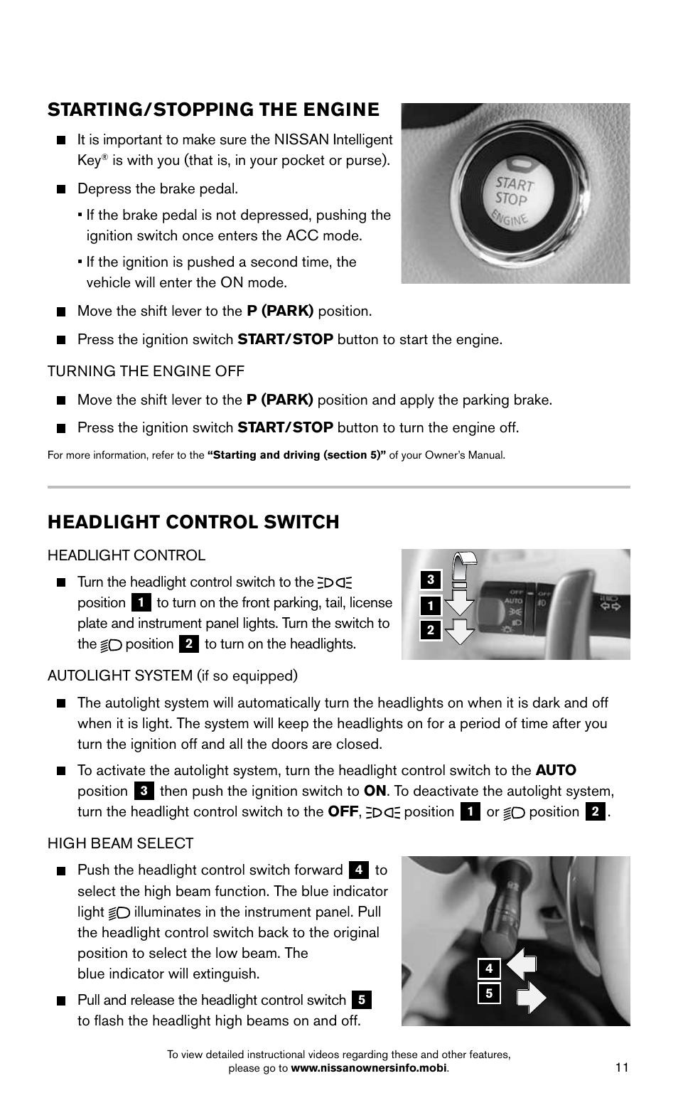 Headlight control switch, Starting/stopping the engine | NISSAN 2015 Altima Sedan - Quick Reference Guide User Manual | Page 13 / 28
