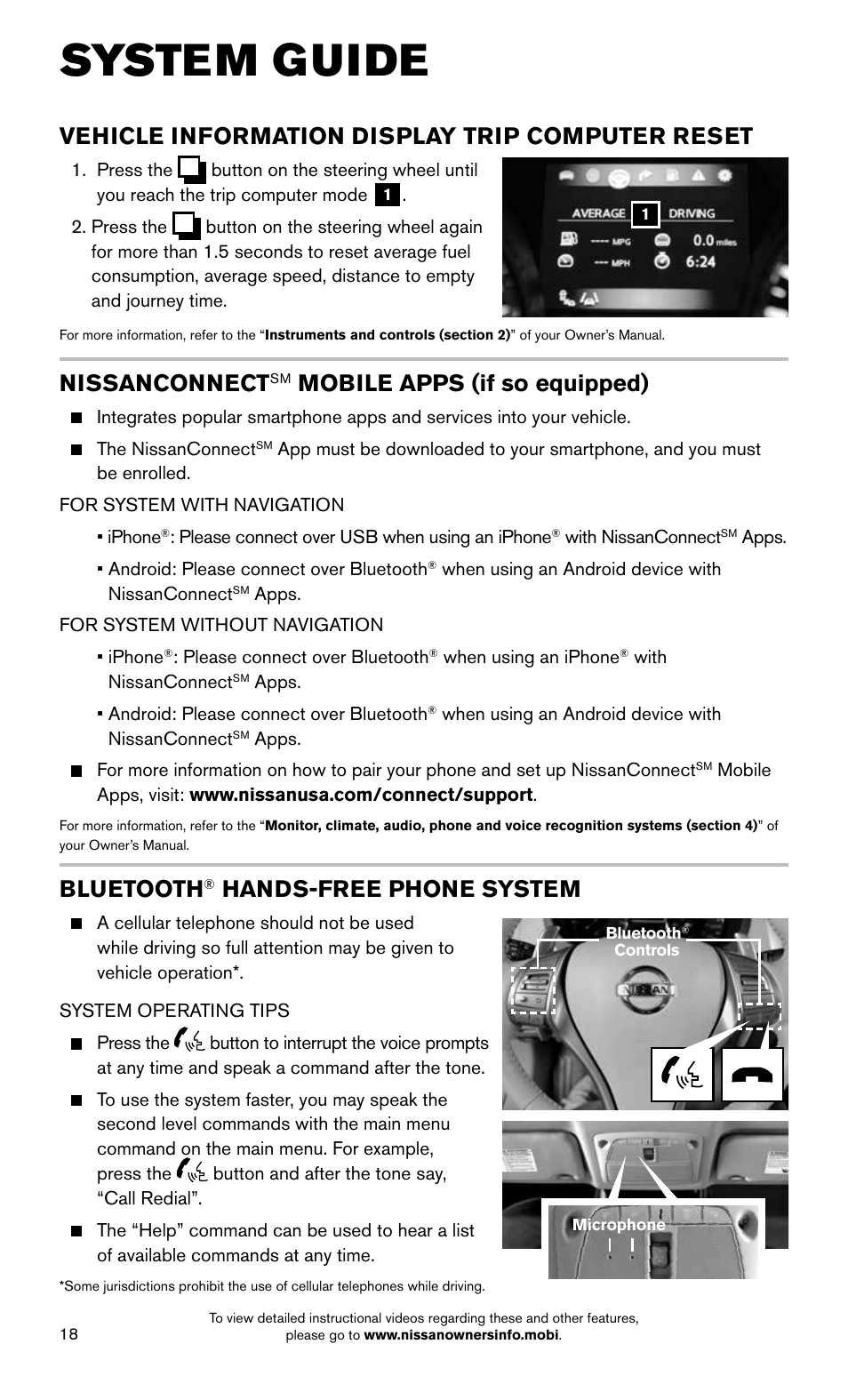 System guide, Bluetooth, Hands-free phone system | Nissanconnect, Mobile apps (if so equipped), Vehicle information display trip computer reset | NISSAN 2015 Altima Sedan - Quick Reference Guide User Manual | Page 20 / 28