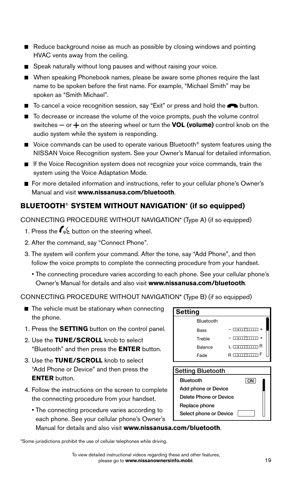 Bluetooth, System without navigation * (if so equipped) | NISSAN 2015 Altima Sedan - Quick Reference Guide User Manual | Page 21 / 28