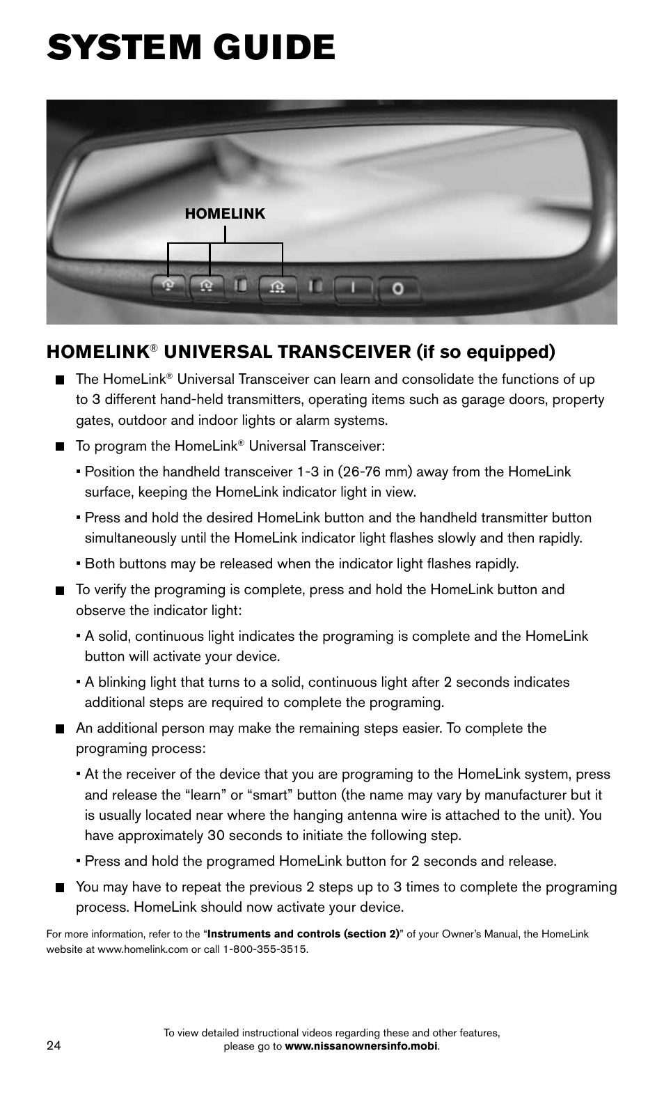 System guide, Homelink, Universal transceiver (if so equipped) | NISSAN 2015 Altima Sedan - Quick Reference Guide User Manual | Page 26 / 28