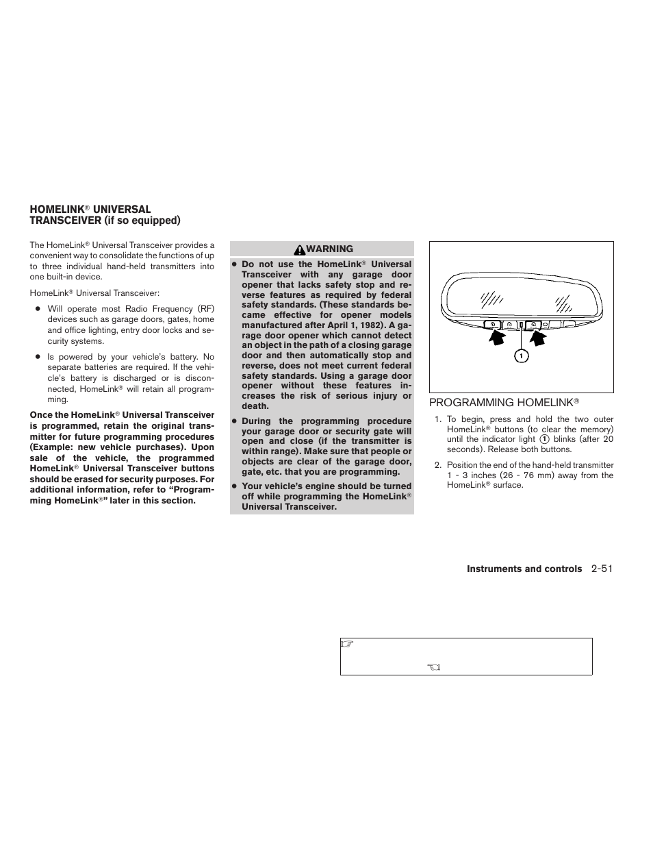 Homelink, Universal transceiver (if so equipped) -51, Programming homelink | NISSAN 2009 Altima Coupe - Owner's Manual User Manual | Page 129 / 373