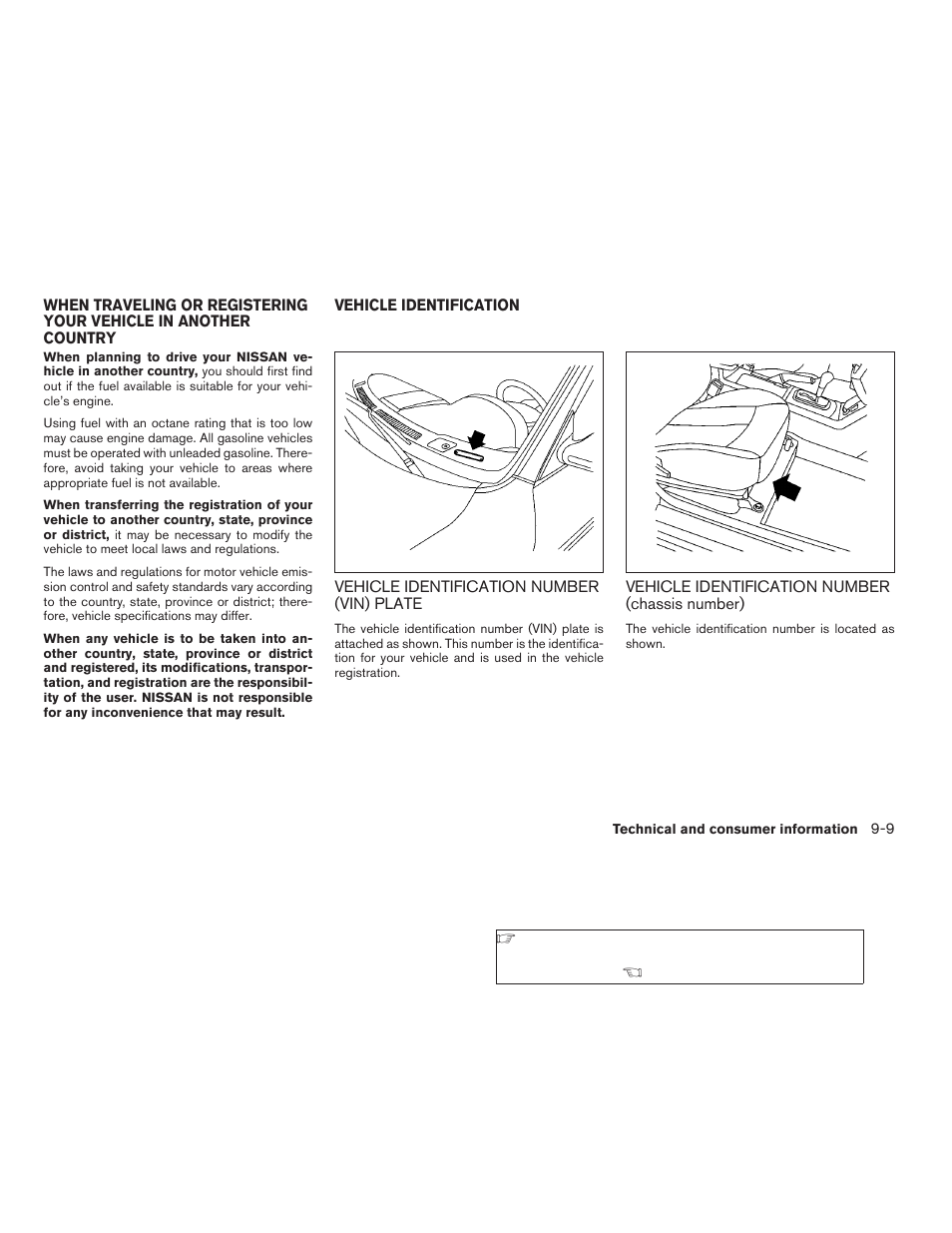 When traveling or registering your vehicle in, Another country -9 vehicle identification -9, Chassis number) -9 | NISSAN 2009 Altima Coupe - Owner's Manual User Manual | Page 345 / 373