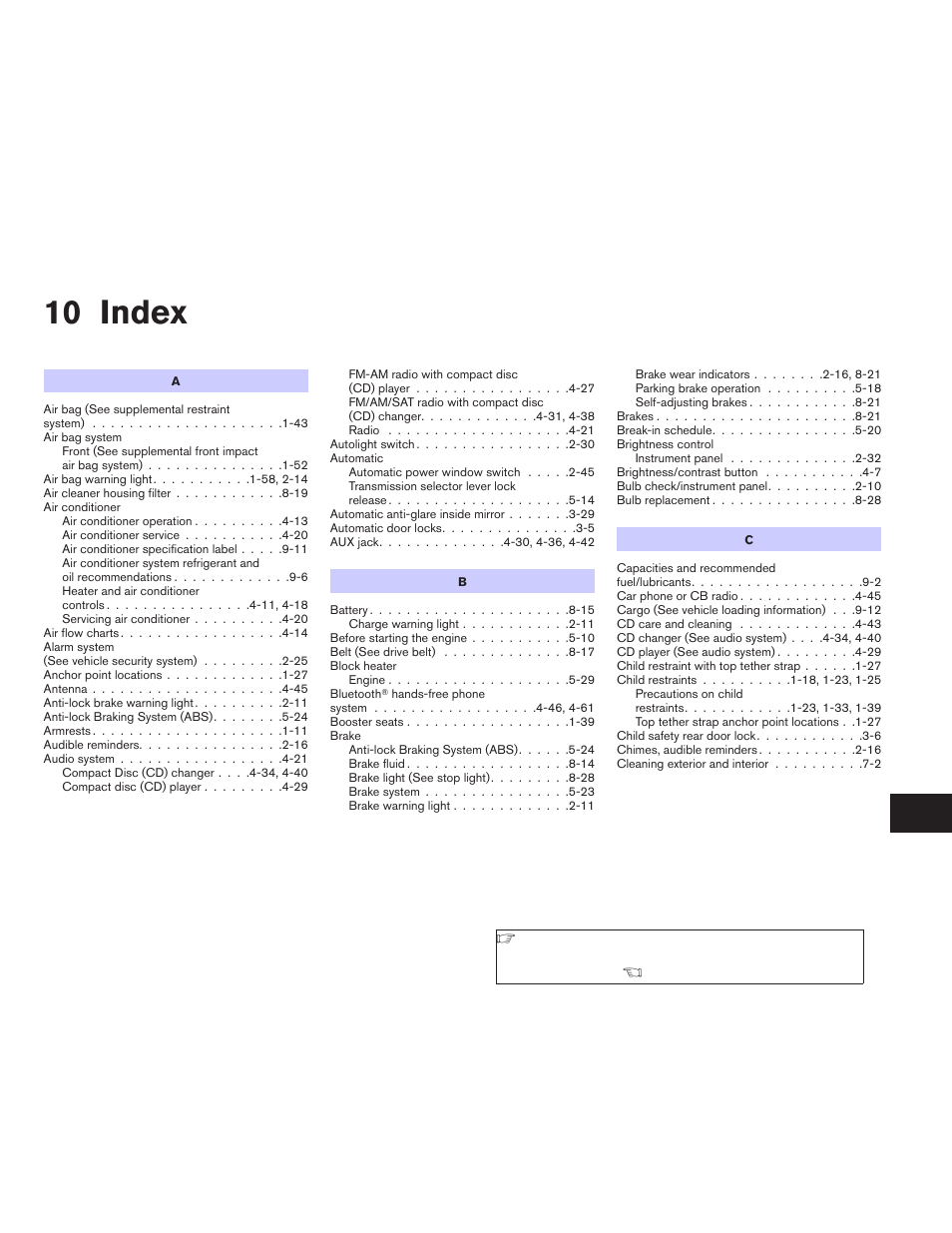 Index, 10 index | NISSAN 2009 Altima Coupe - Owner's Manual User Manual | Page 365 / 373