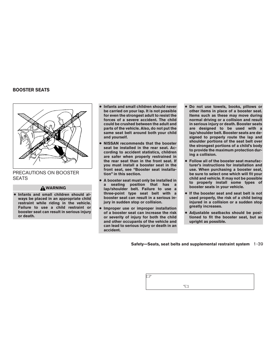 Booster seats -39, Precautions on booster seats -39 | NISSAN 2009 Altima Coupe - Owner's Manual User Manual | Page 57 / 373