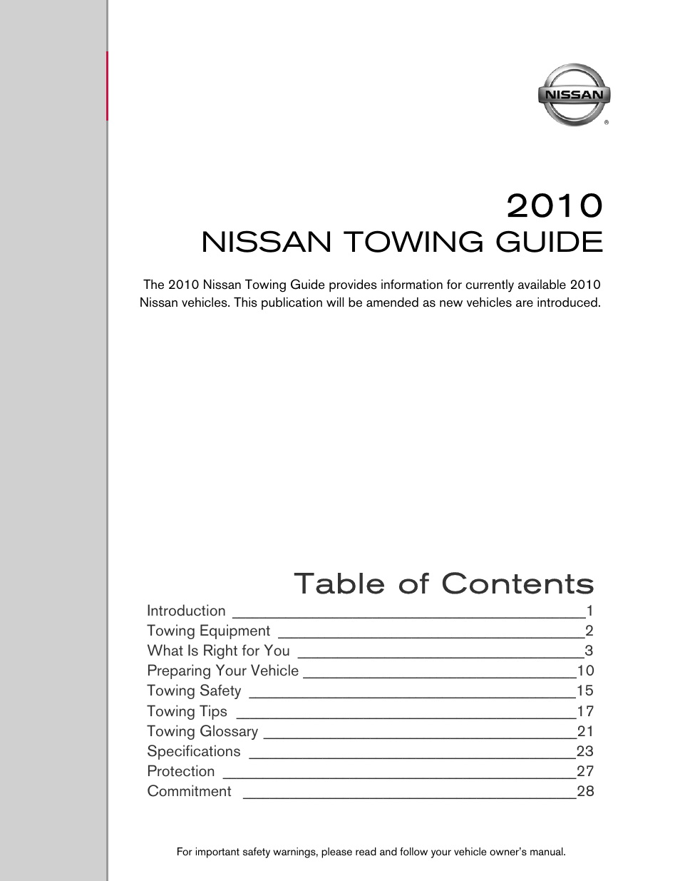 NISSAN 2010 Versa Hatchback - Towing Guide User Manual | 30 pages