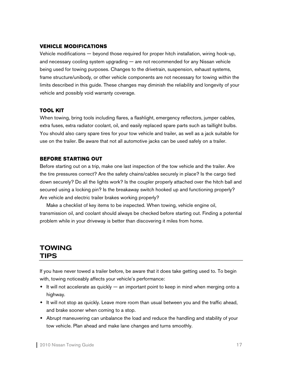 Towing tips | NISSAN 2010 Versa Hatchback - Towing Guide User Manual | Page 18 / 30